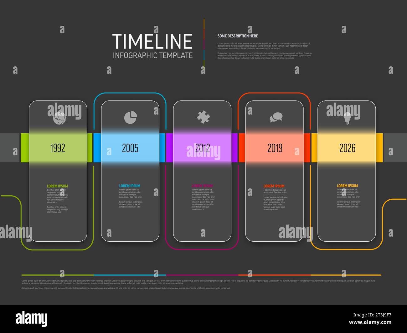 Linea temporale orizzontale vettoriale di colore scuro con icone in cinque rettangoli in vetro opaco semitrasparente con icone, descrizioni e arcobaleno Illustrazione Vettoriale