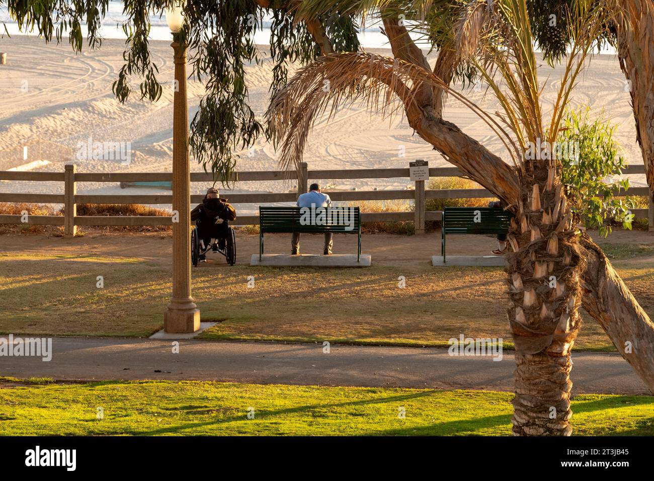 Persone occasionali che si divertono al Palisades Park di Santa Monica, California, all'ora d'oro: Una è su una panchina e l'altra su una sedia a rotelle Foto Stock