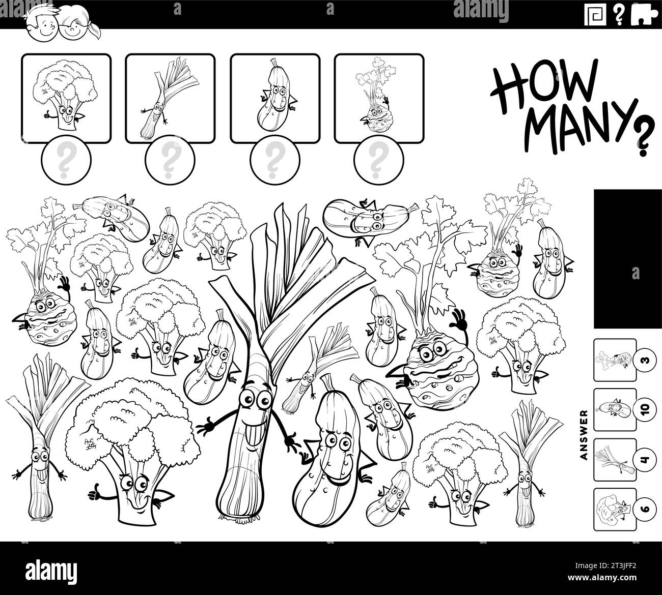 Illustrazione in bianco e nero dell'attività didattica di conteggio con la pagina di colorazione delle verdure a fumetti Illustrazione Vettoriale