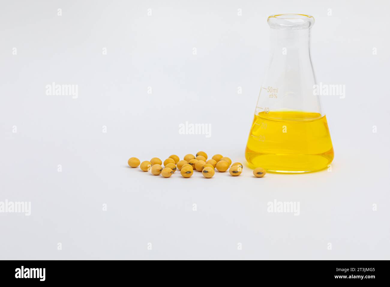 Semi di soia con becher da laboratorio. Colture geneticamente modificate, olio di soia e concetto di biodiesel. Foto Stock