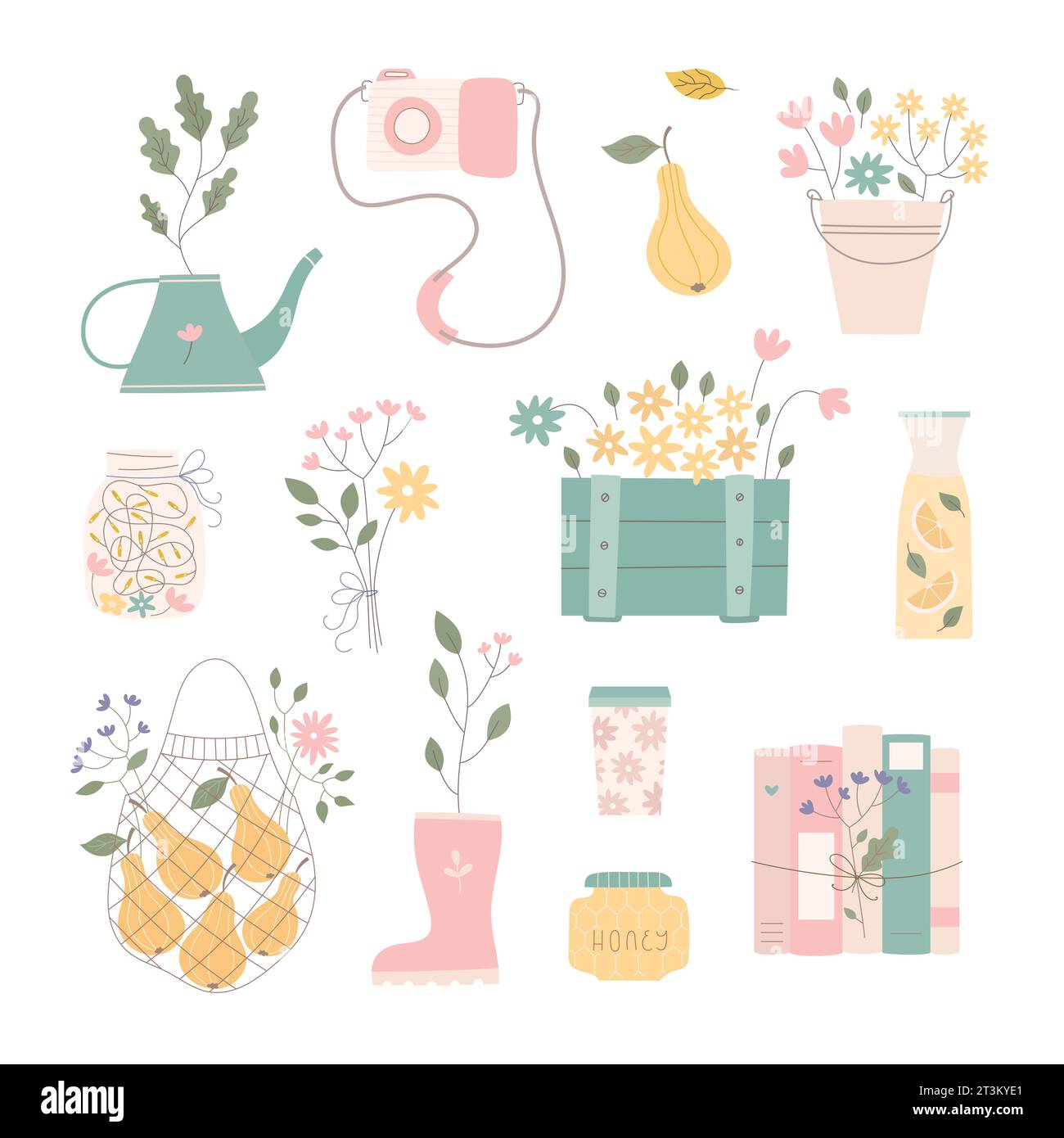 Clipart di oggetti estivi con barattolo, composizioni di fiori, raccolta, libri, piante. Set di semplici illustrazioni vecor. Illustrazione Vettoriale