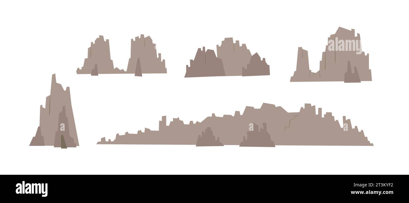 Montagne, rocce, sammits, cime del selvaggio West. Canyon del deserto, set di illustrazioni vettoriali paesaggistiche. Illustrazione Vettoriale