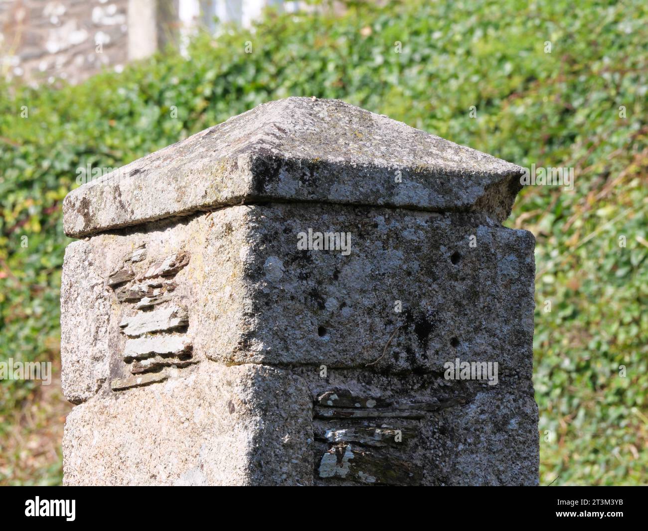 Estremità superiore di una colonna di pietra di fronte all'ingresso del castello di Pendennis vicino a Falmouth, Inghilterra Foto Stock