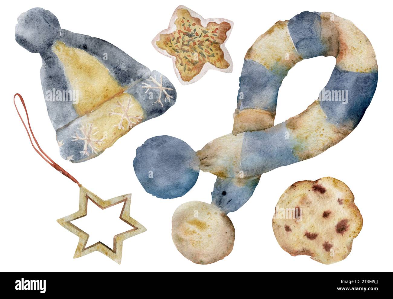Illustrazione ad acquerello disegnata a mano. Sciarpa in maglia blu indaco beige a righe di lana, cappello, biscotti fatti in casa e ornamenti. Composizione isolata su bianco Foto Stock