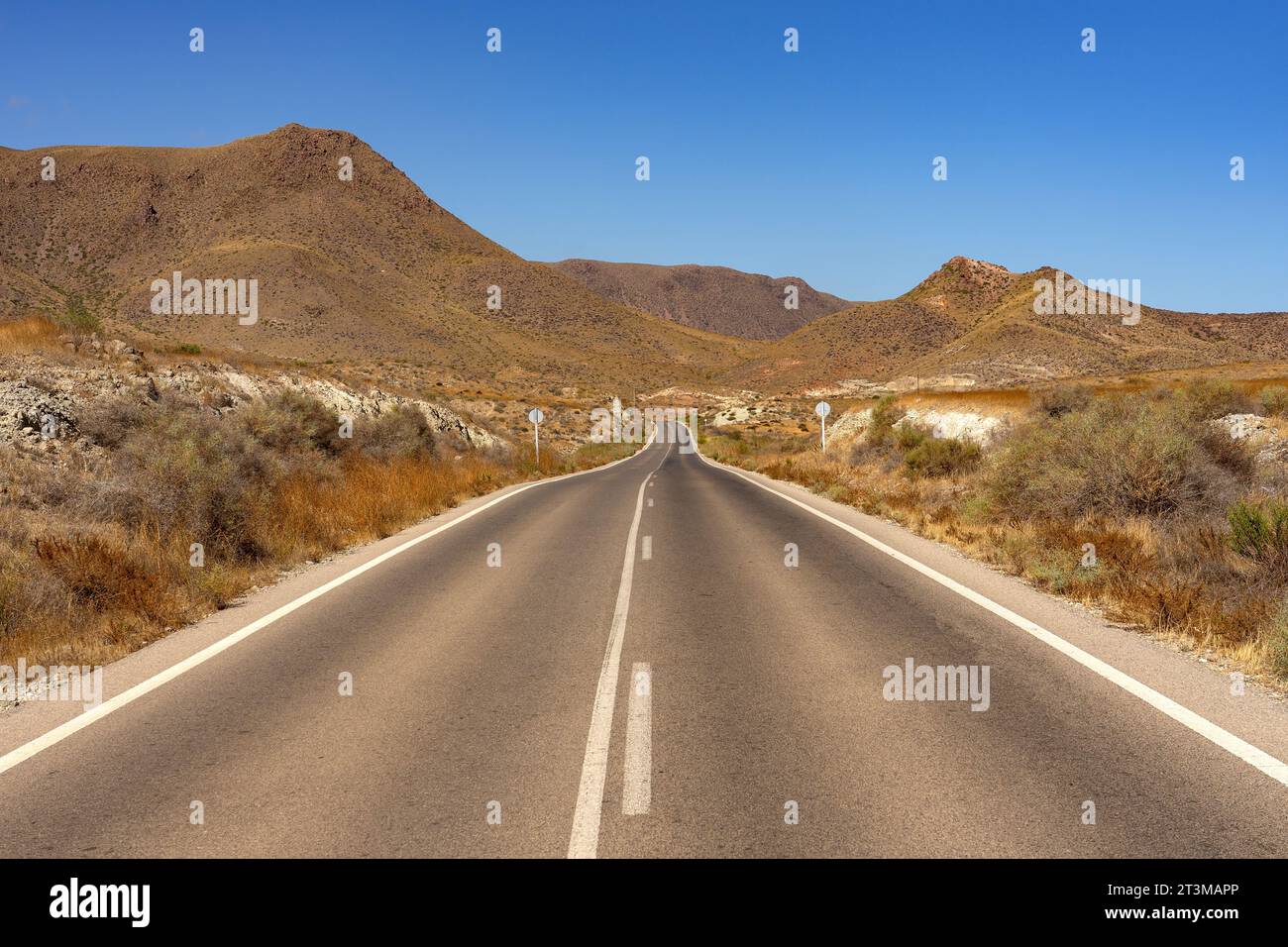 Strada nella zona desertica della costa del Parco Naturale di Capo Gata. Almería, Andalucía, Spagna. Foto Stock