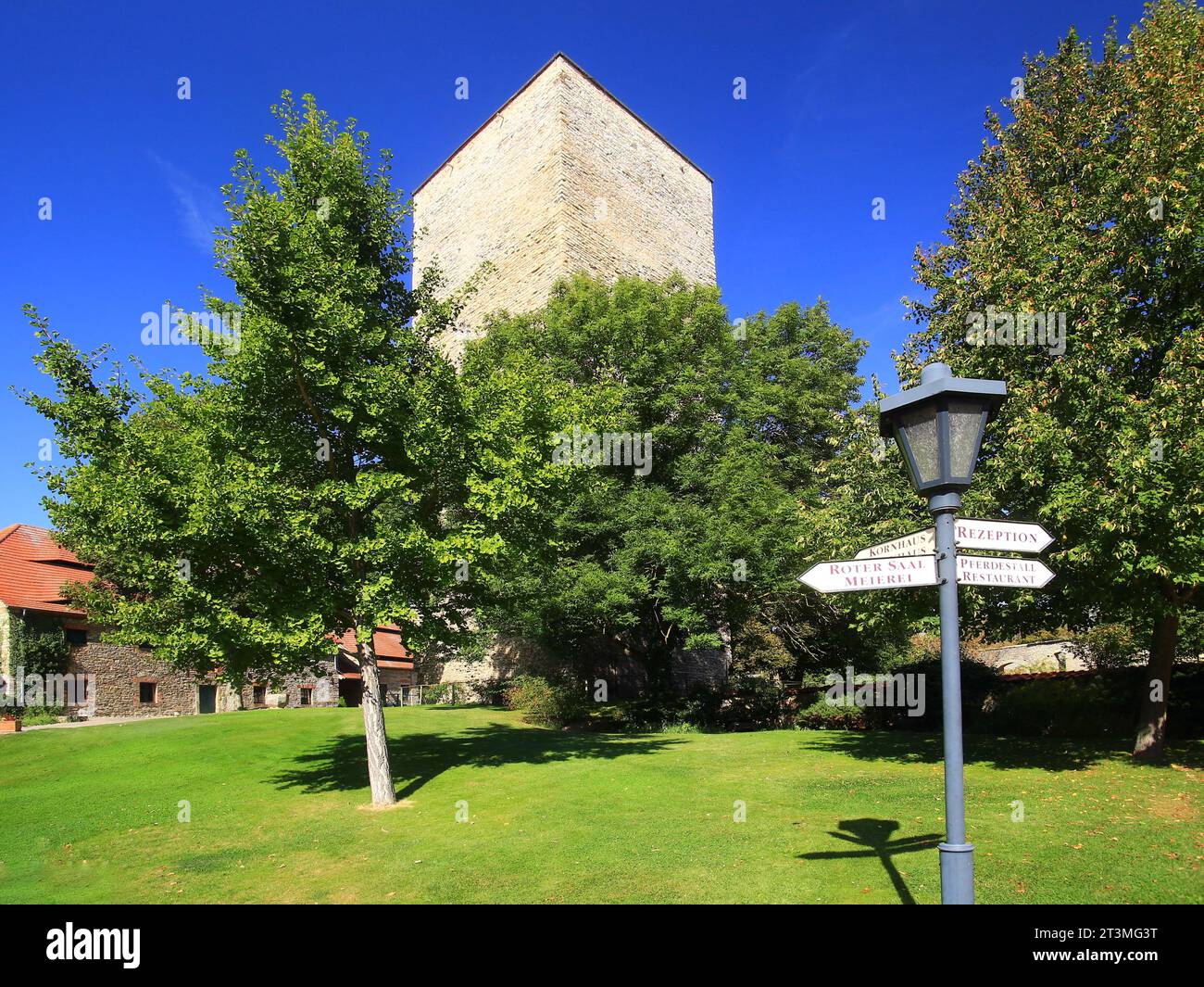 Castello di Wanzleben con indicazioni per la casa di mais, la reception, le stalle, il ristorante, la sala rossa, caseificio. Foto Stock