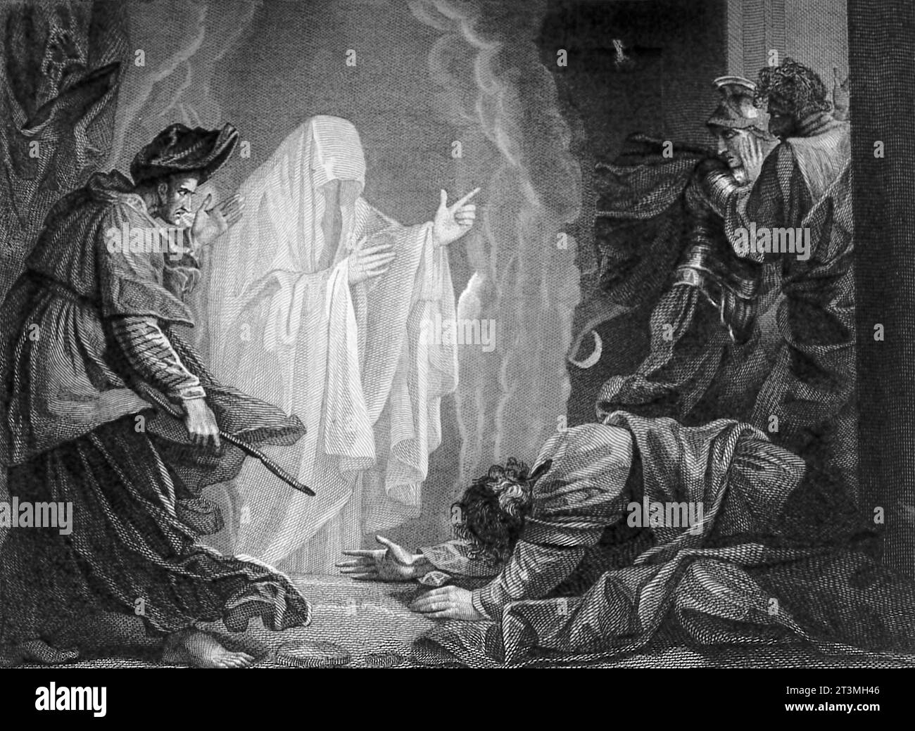 Saul and the Witch of Endor, dell'artista americano Benjamin West, stampa, Germania 1830s Foto Stock