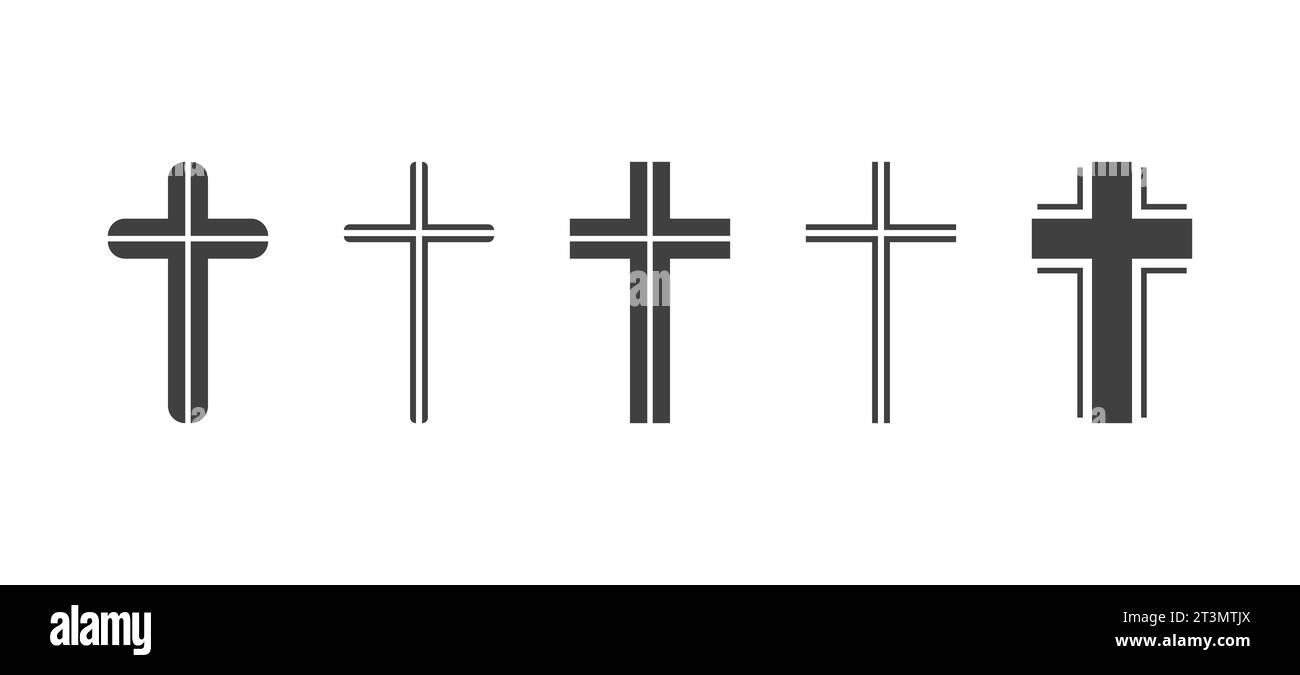 Icone Flat Vector Black Christian Cross isolate su sfondo bianco. Linea silhouette ritagliata Christian Crosses Collection Illustrazione Vettoriale