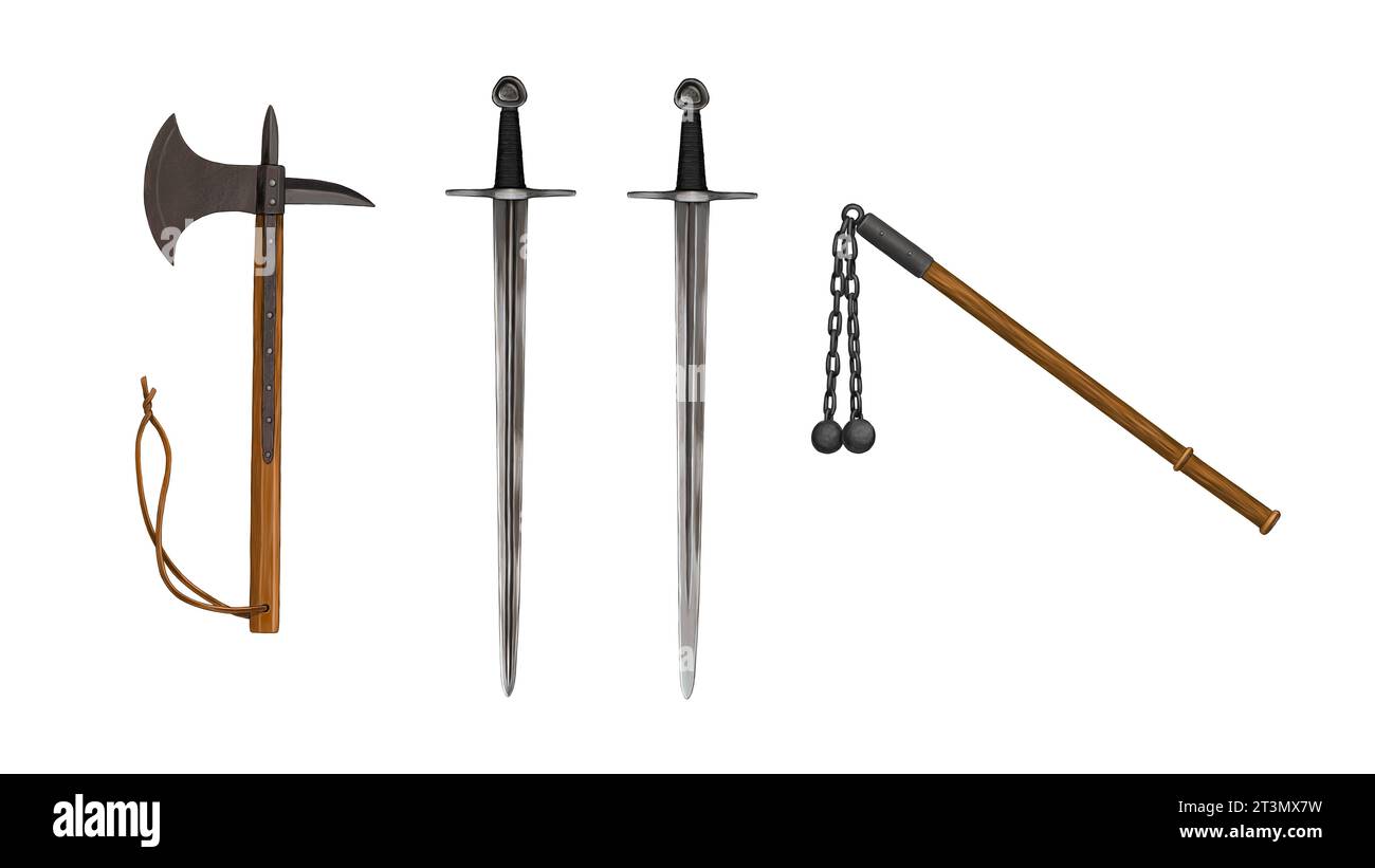 Stemma dei crociati. Disegnare con armi di cavaliere spada, ascia e mazza. Foto Stock