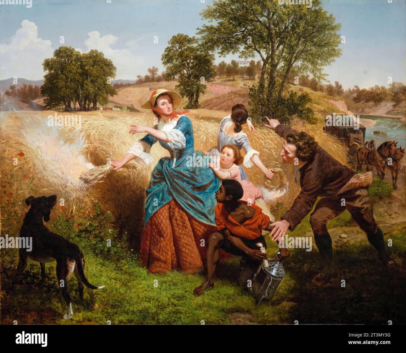 Emanuel Leutze, signora Schuyler che brucia i suoi campi di grano sull'approccio degli inglesi, dipingendo ad olio su tela, 1852 Foto Stock