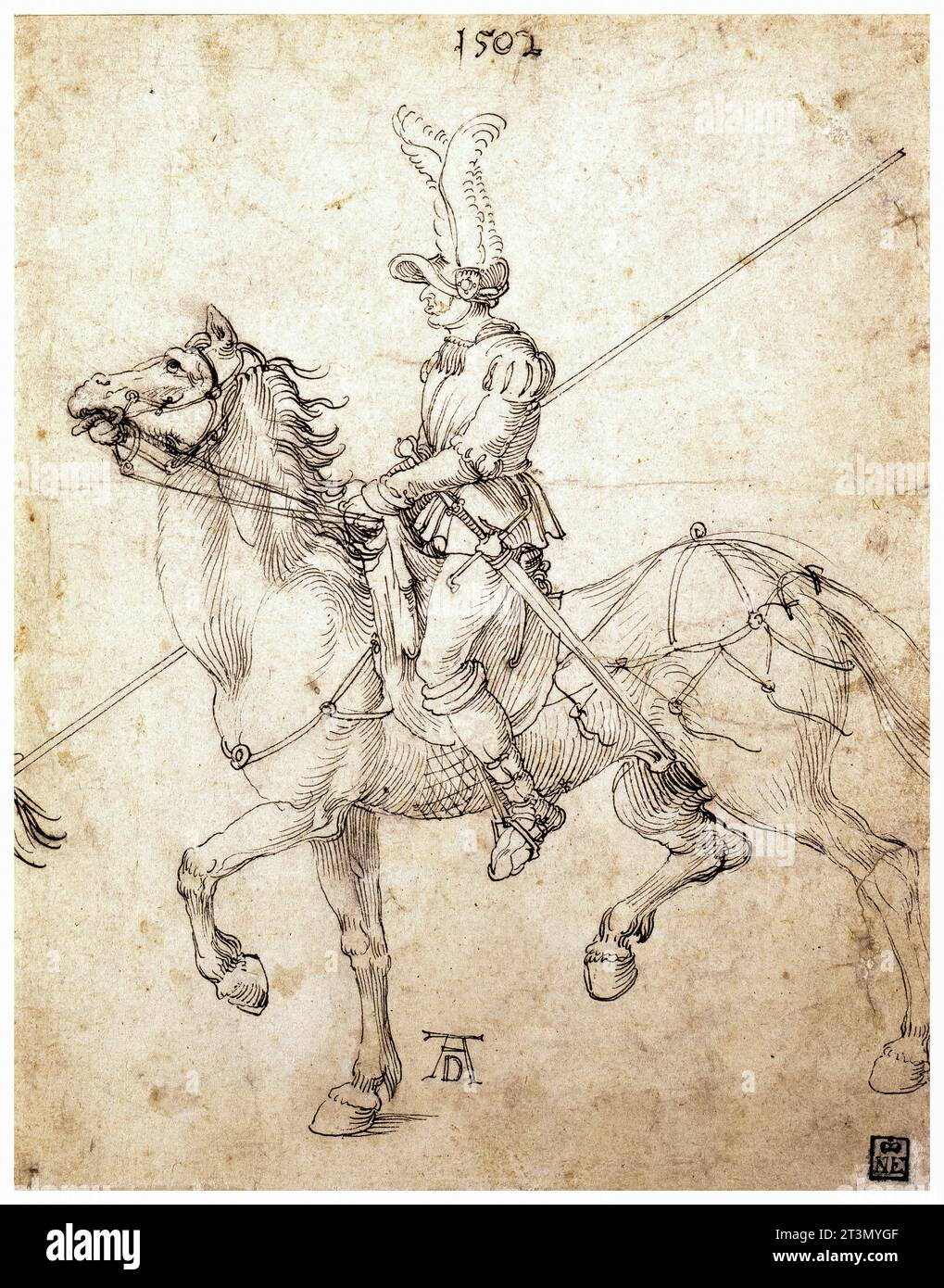 Albrecht durer, Lancer on Horseback, disegno a penna e inchiostro, 1502 Foto Stock