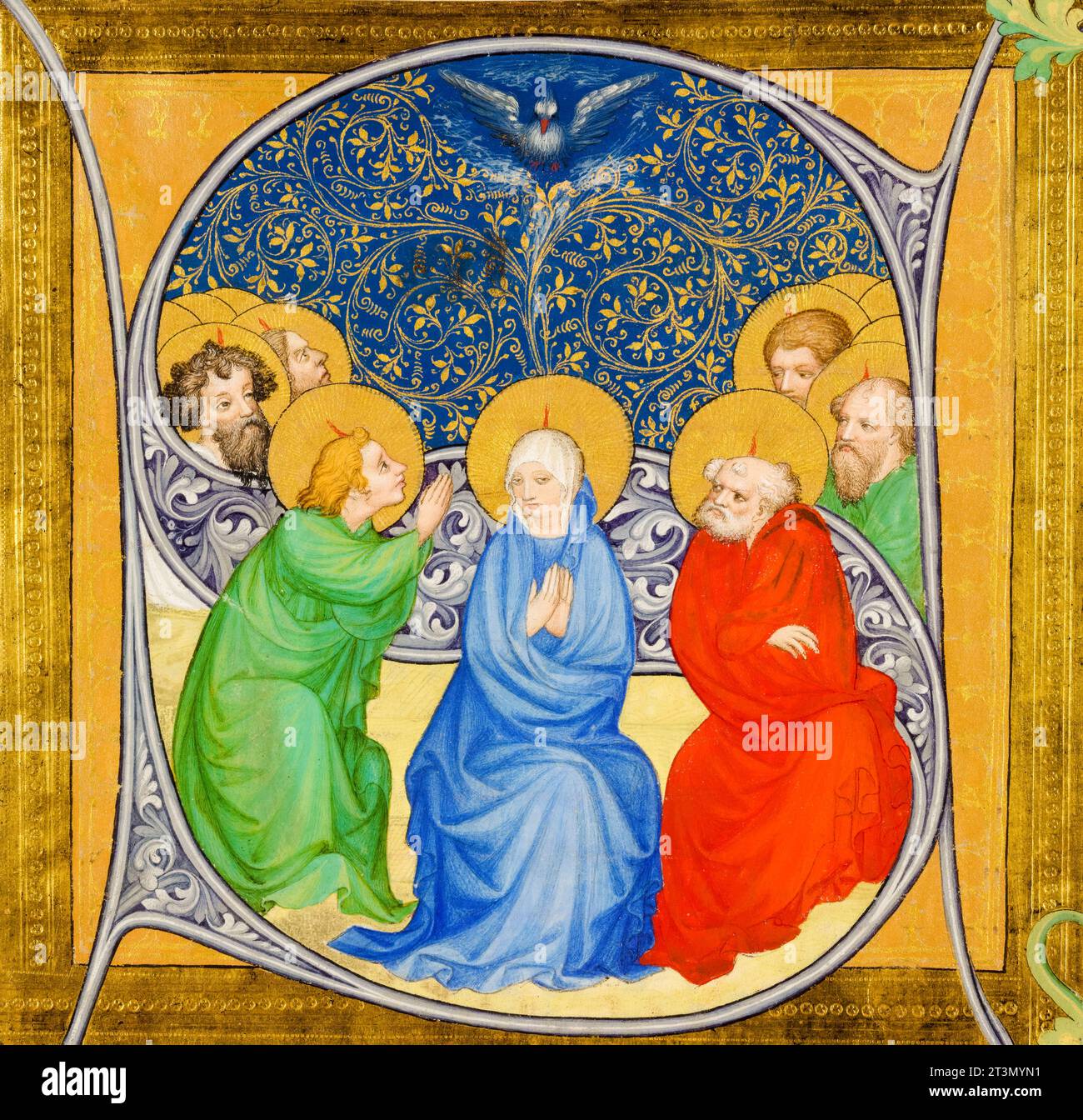 Manoscritto miniato del XV secolo 'la Pentecoste', tempera e oro su pergamena di Bohemian Master, 1413-1415 Foto Stock