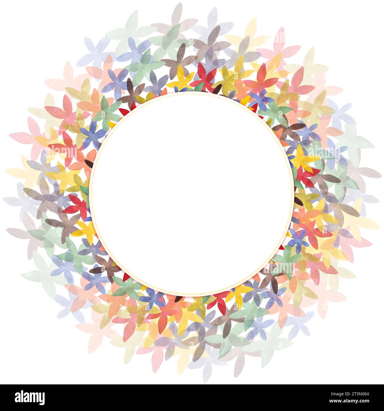 Una cornice rotonda, una cartolina, un invito fatto di fiori astratti multicolori su sfondo bianco. Illustrazione acquerello. Modello per l'imballaggio Foto Stock