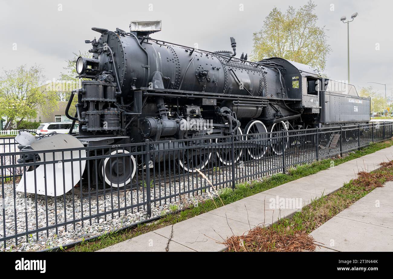 Alaska Railroad Steam Locomotive 556 in mostra a Delaney Park, Anchorage, Alaska, USA Foto Stock