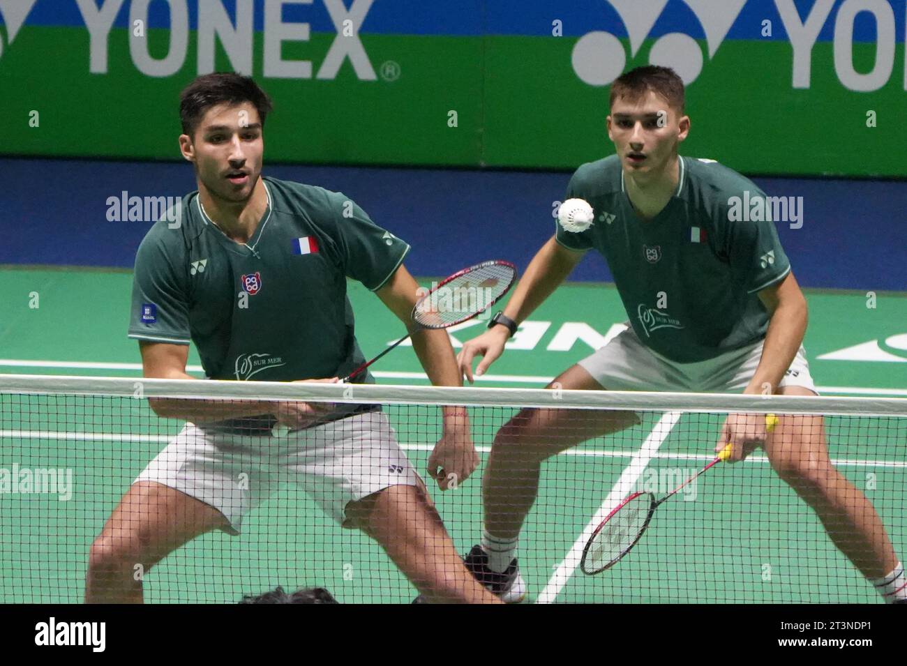 Christo Popov e Toma Junior Popov della Francia durante il Yonex Internationaux de France 2023, Super 750 Badminton HSBC BWF World Tour il 25 ottobre 2023 alla Glaz Arena di Cesson-Sévigné, Francia - foto Laurent Lairys/DPPI Credit: DPPI Media/Alamy Live News Foto Stock