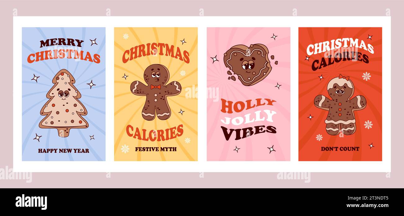 Poster alla moda natalizi. Personaggi dei cartoni animati retrò Gingerbread. Le calorie natalizie non contano. Vibes 70S.. Buon Natale e felice anno nuovo. G Illustrazione Vettoriale