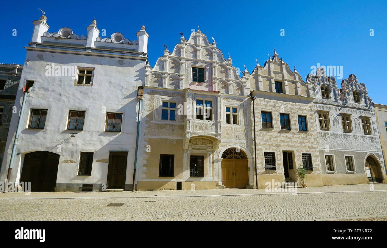 Centro storico di Slavonice, ben conservato e protetto dalla legge come riserva di monumenti urbani, a Slavonice, distretto di Jindrichuv Hradec, Cze Foto Stock
