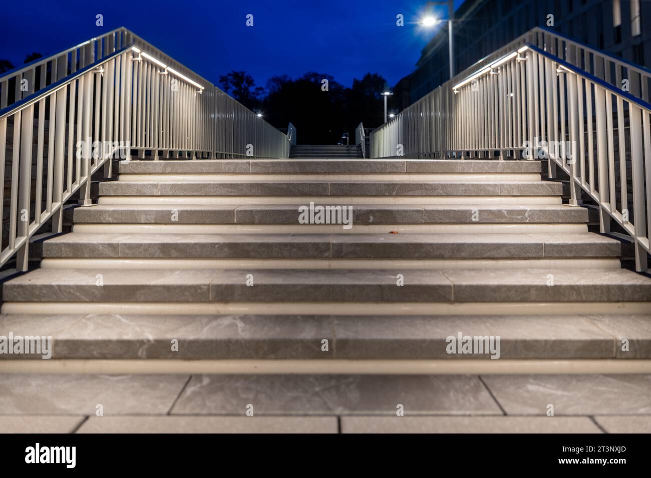 Scala esterna in pietra grigia di notte con ringhiere cromate con illuminazione incorporata. La messa a fuoco è isolata sul battistrada e sul montante della scala superiore. Foto Stock