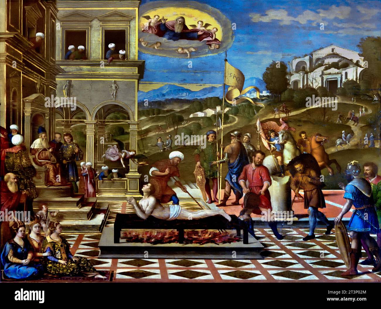 Martirio di S.. Lawrence 1500-56 di Girolamo Galizzi da Santacroce (laboratorio) Museo, Italia. Italiano. Lawrence è stato bruciato a morte su un gridiron Foto Stock