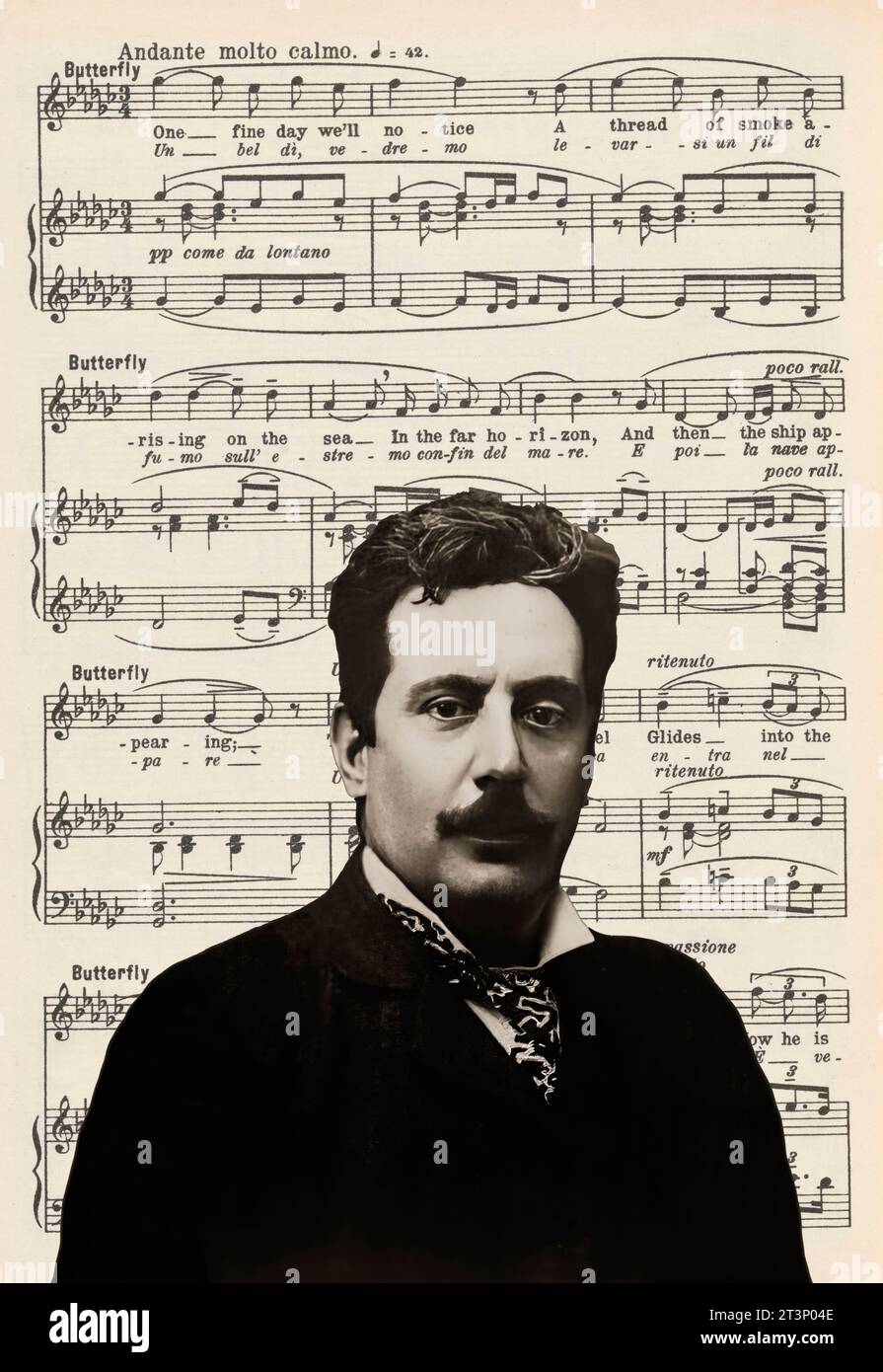Giacomo Puccini, 1858–1924, compositore italiano, editato digitalmente secondo una fotografia, note dell'opera Madame Butterfly Foto Stock
