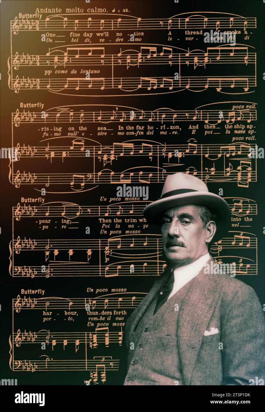 Giacomo Puccini, 1858–1924, compositore italiano, edito digitalmente secondo una fotografia di Wilhelm Willinger, note dell'opera Madame Butterfly Foto Stock