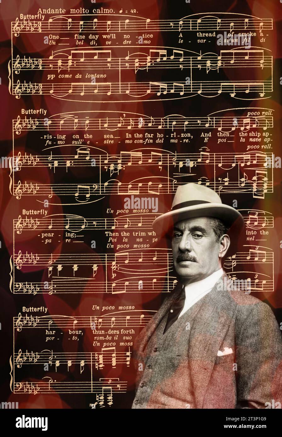 Giacomo Puccini, 1858–1924, compositore italiano, edito digitalmente secondo una fotografia di Wilhelm Willinger, note dell'opera Madame Butterfly Foto Stock
