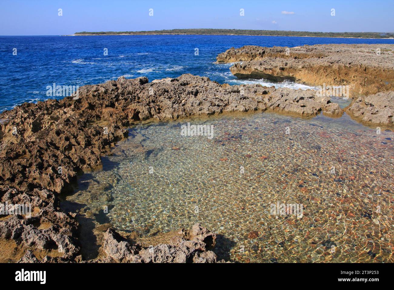 Costa di roccia corallina a Cienfuegos, Cuba. Piscina di roccia naturale. Foto Stock