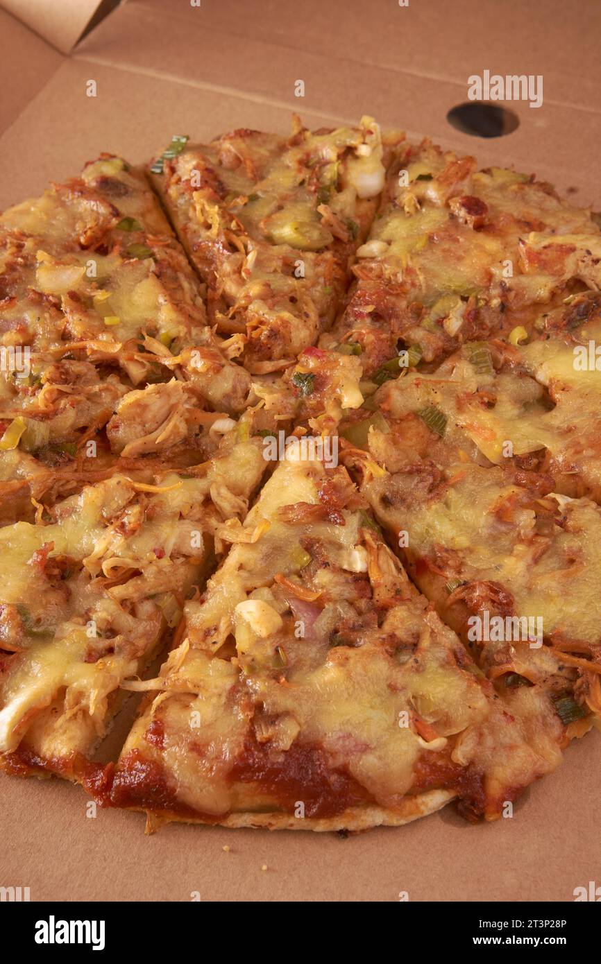 pizza di pollo tandoori speziata affumicata, crosta di pizza fresca condita con pollo marinato tandoori cucinato nel forno tandoor, a due strati Foto Stock