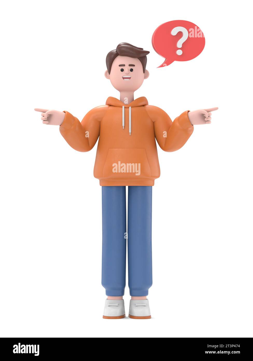 Illustrazione 3D di Guy Qadir maschio in piedi, scegliendo tra due modi, puntando le dita dall'altro lato. Scelta, concetto di dubbio.rendering 3D su bac bianco Foto Stock