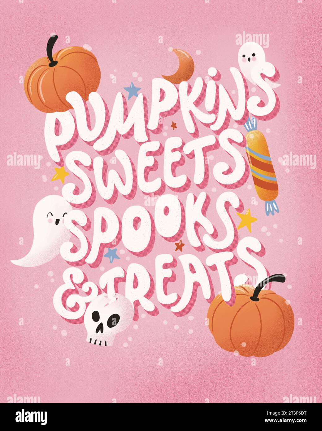 Illustrazione di Halloween felice con lettere a mano e simpatici fantasmi e zucche Foto Stock
