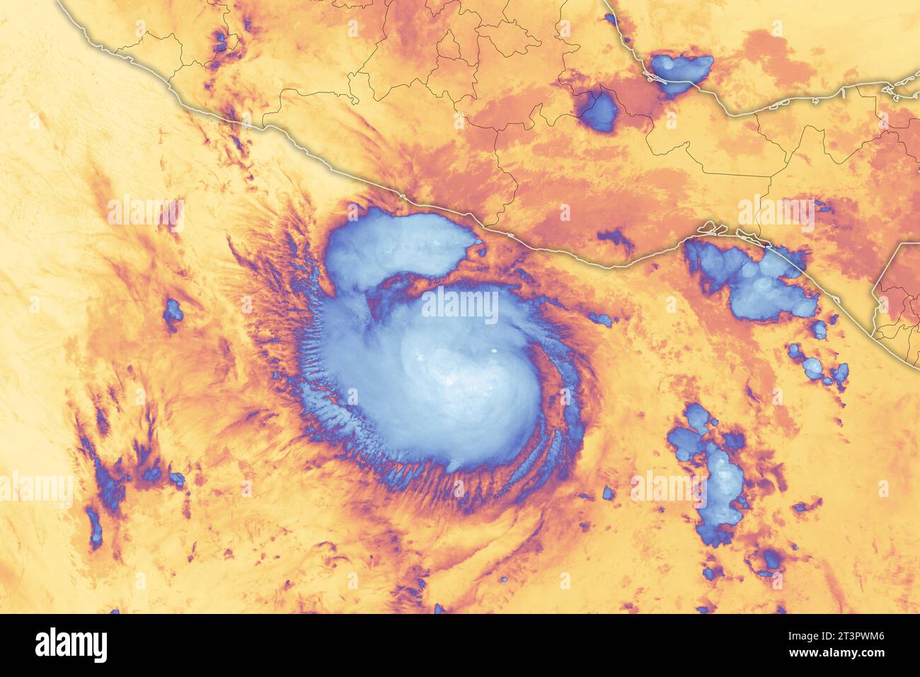 Acapulco, Messico. 24 ottobre 2023. L'immagine satellitare della NASA EOSDIS mostra l'uragano Otis, una tempesta mortale di categoria 5 prima di sbattere nella località turistica di Acapulco sulla costa del Pacifico, il 24 ottobre 2023 ad Acapulco, in Messico. Otis si è rapidamente intensificata in un grande uragano facendo atterraggio con venti sostenuti di 270 chilometri (165 miglia) all'ora. Crediti: Michala Garrison/NASA EOSDIS/Alamy Live News Foto Stock
