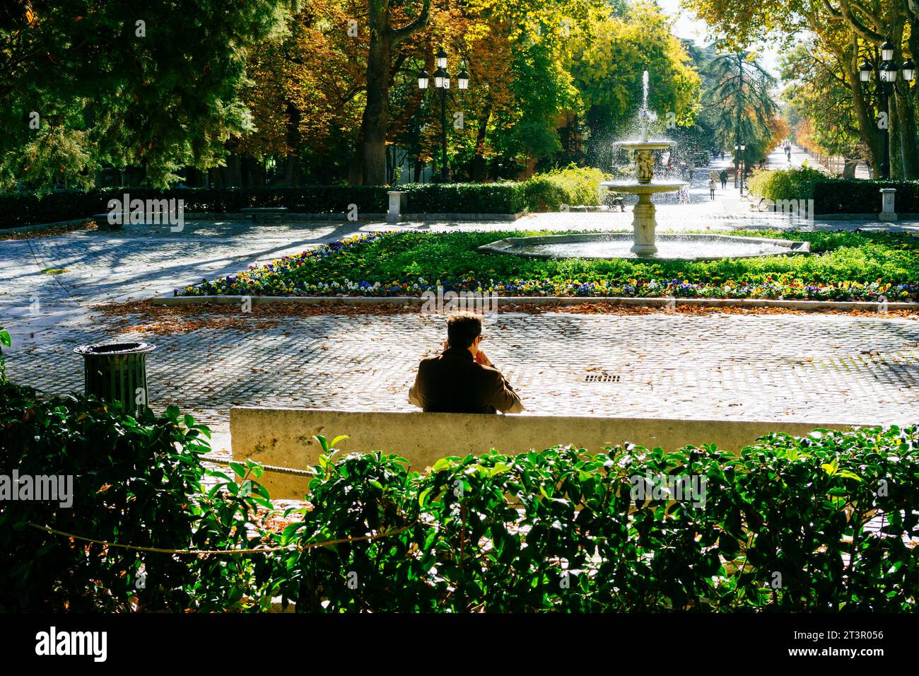 Uomo seduto di fronte a una fontana. Il Parco del Buen Retiro - Parque del Buen Retiro, letteralmente 'Parco del piacevole Retreat', Parco del Retiro o semplicemente El Foto Stock