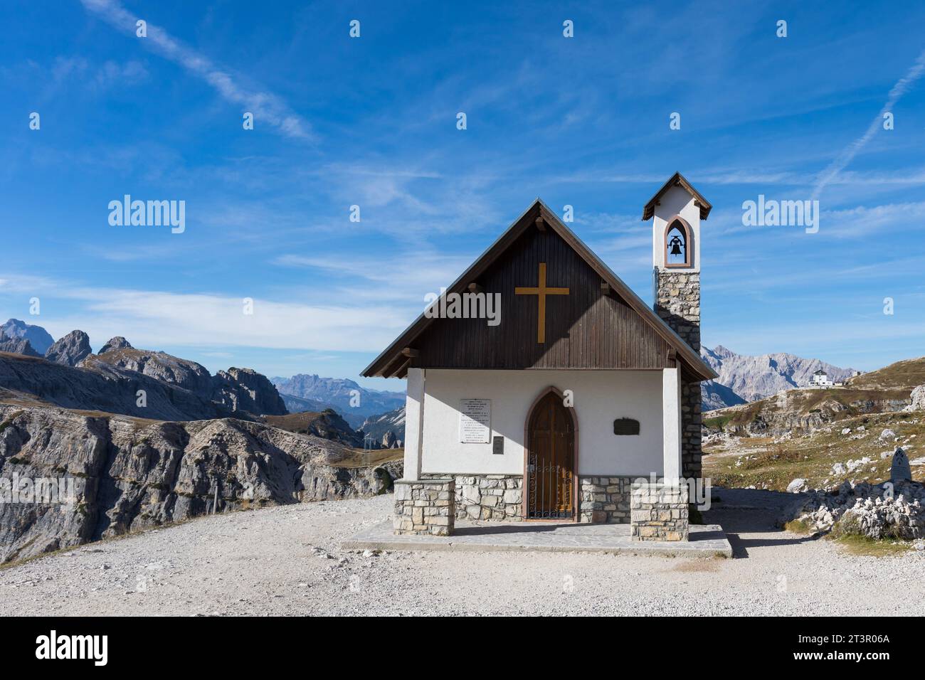 Cappella delle tre Cime di Lavaredo, Drei Zinnen, Dolomiti, Italia Foto Stock