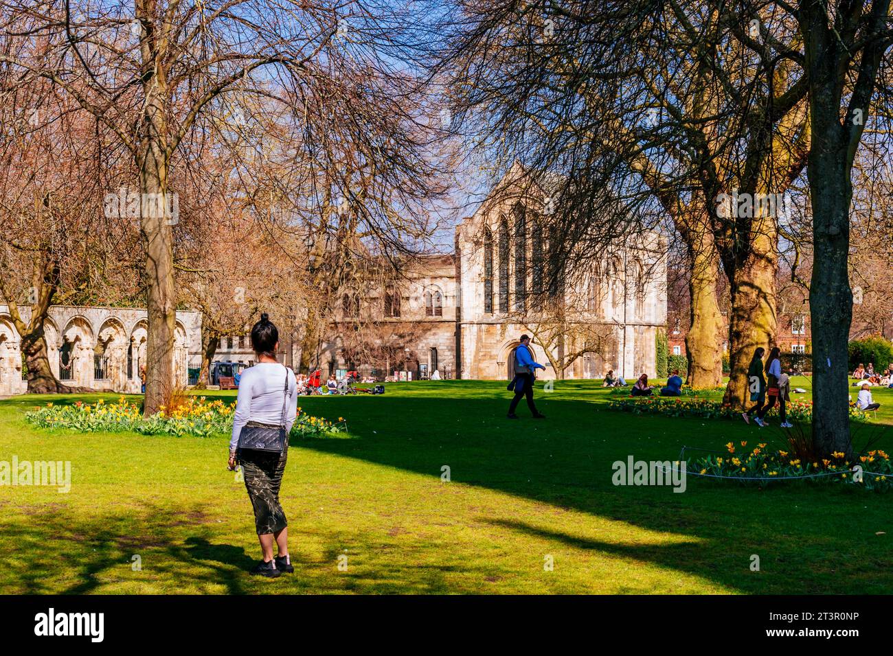 Gente che si gode una giornata di sole a Dean's Park all'inizio della primavera. York, North Yorkshire, Yorkshire e Humber, Inghilterra, Regno Unito, Europa Foto Stock