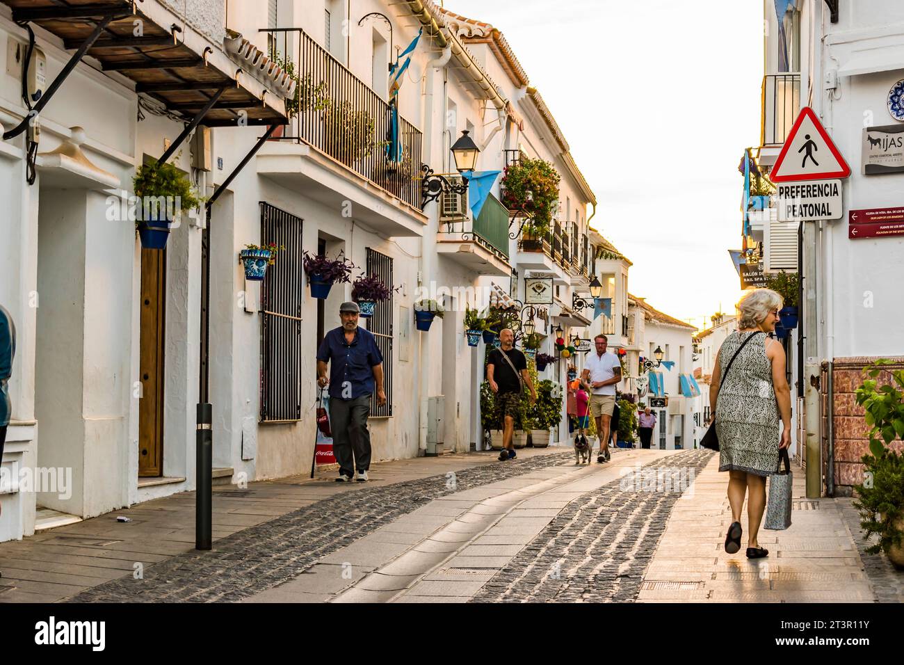 Tipica strada di Mijas. Mijas Pueblo. Mijas, Málaga, Andalusia, Spagna, Europa Foto Stock