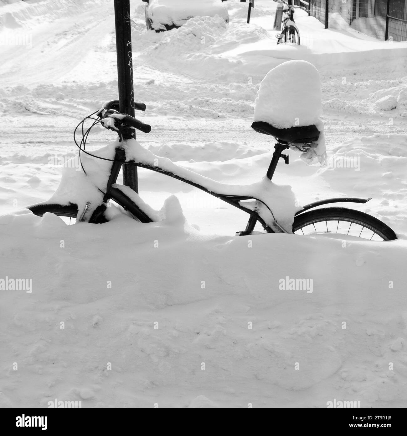 Una bicicletta sotto la neve, dopo una tempesta di neve, sull'altopiano del Mont-Royal, a Montreal, provincia del Quebec, Canada. Foto Stock