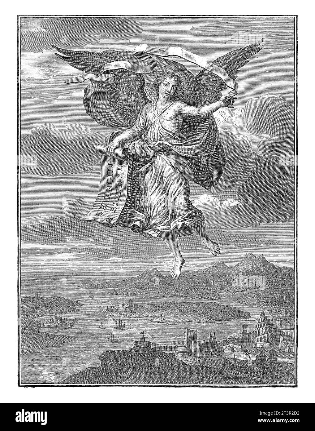 Flying Angel in a Landscape, Gilliam van der Gouwen, dopo Bernard Picart, 1703 A Flying Angel in a Landscape. Nelle sue mani due bande con testi latini Foto Stock