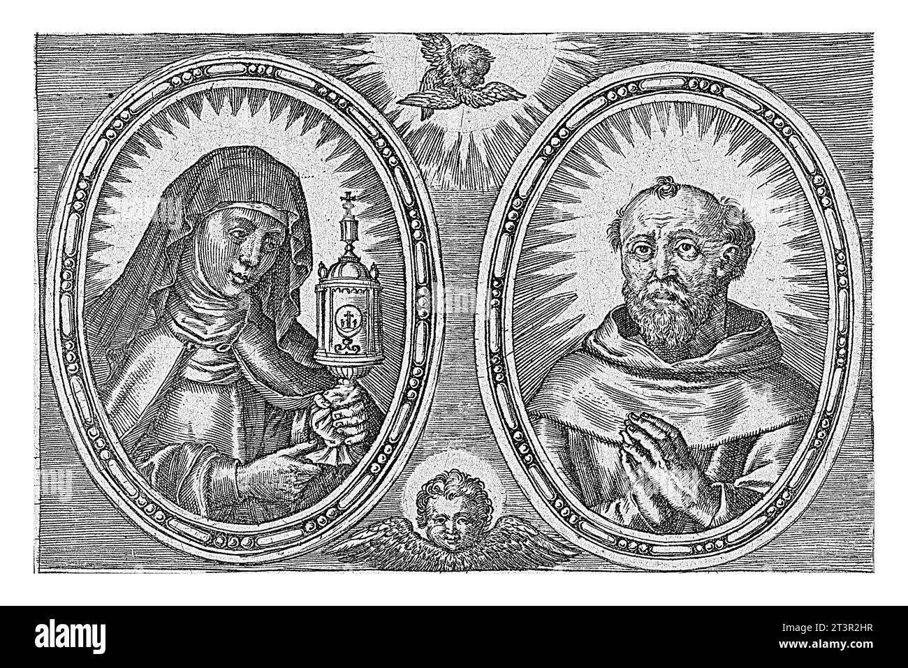 Santa chiara e San Francesco d'Assisi, Wierix, 1550 - prima del 1619 partì: Santa chiara, secondo le abitudini del suo ordine, con una cintura e un velo di monaco annodati. Foto Stock