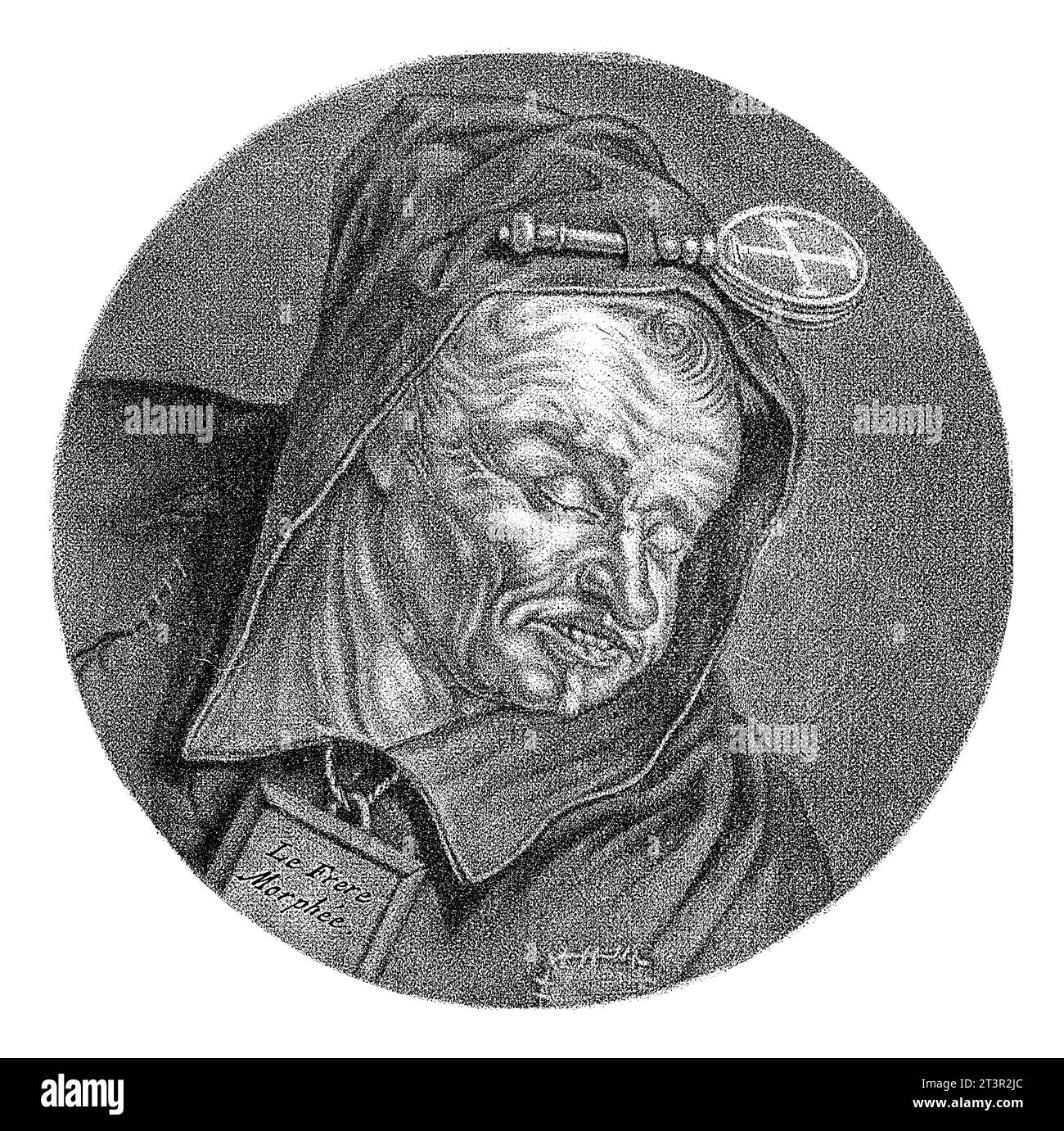 Sloth, Jacob Gole, dopo Cornelis Dusart, 1693 - 1700 monaco addormentato con una targa sul petto con il testo le Frere Morphee. Foto Stock Sloth, Jacob Gole, dopo Cornelis Dusart, 1693 - 1700 monaco addormentato con una targa sul petto con il testo le Frere Morphee. Foto Stock