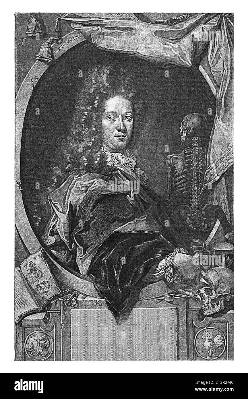 Ritratto di Maurits van Reverhorst, Pieter Schenk (i), 1670 - 1713 il professore di anatomia Maurits van Reverhorst all'età di 29 anni. Foto Stock