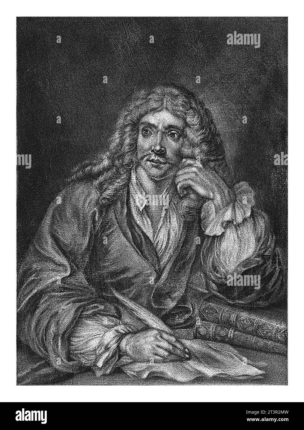 Ritratto di Jean Baptiste Poquelin de Moliere, Jan de Groot, 1699 - 1776 il drammaturgo e attore Jean Baptiste Poquelin Moliere che scrive a una scrivania. Foto Stock