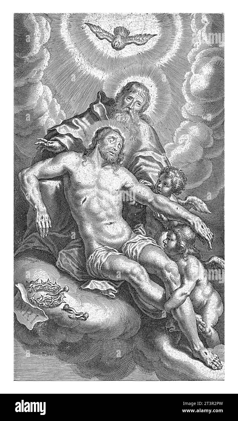 Ascensione di Cristo, Cornelis Galle (II), 1638 - 1678 Dio padre e due angeli portano Cristo in cielo su una nuvola. Sopra di loro si innalza il Santo Spir Foto Stock