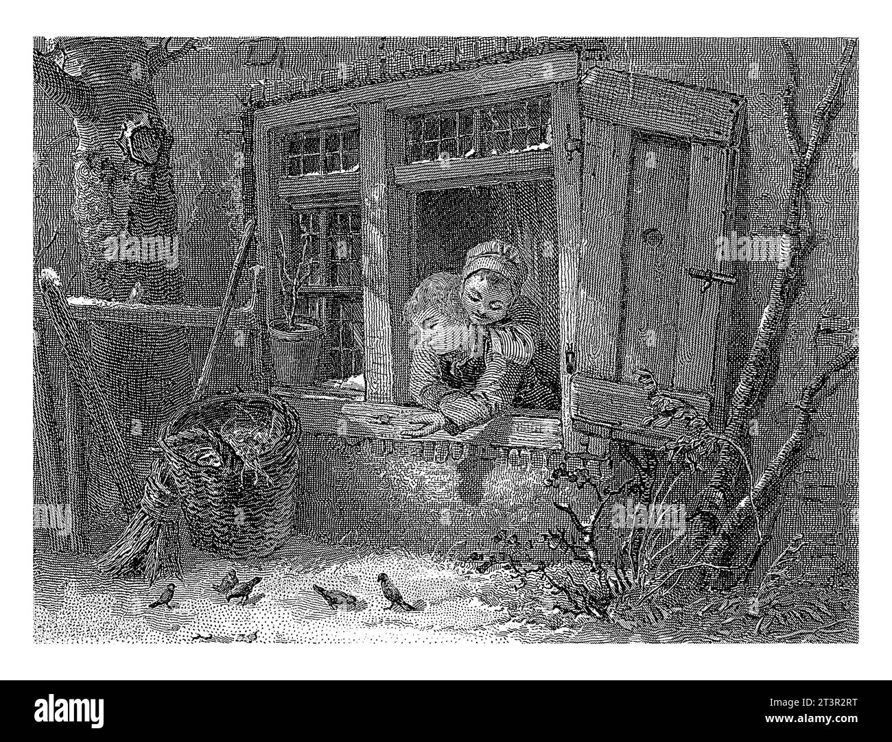 Uccelli nella neve davanti a una finestra, Christiaan Lodewijk van Kesteren, dopo Mari Ten Kate, 1842 - 1897 Un ragazzo e una ragazza guardano cinque uccelli nel sn Foto Stock