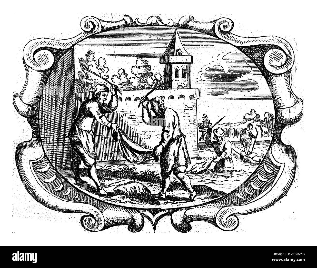 Adversity Maks the Soul Pure, Gaspar Bouttats, 1679 pagina da un libro (pag.174) con testo e vignetta di tipografia in verso. In un cartiglio ovale la banca Foto Stock