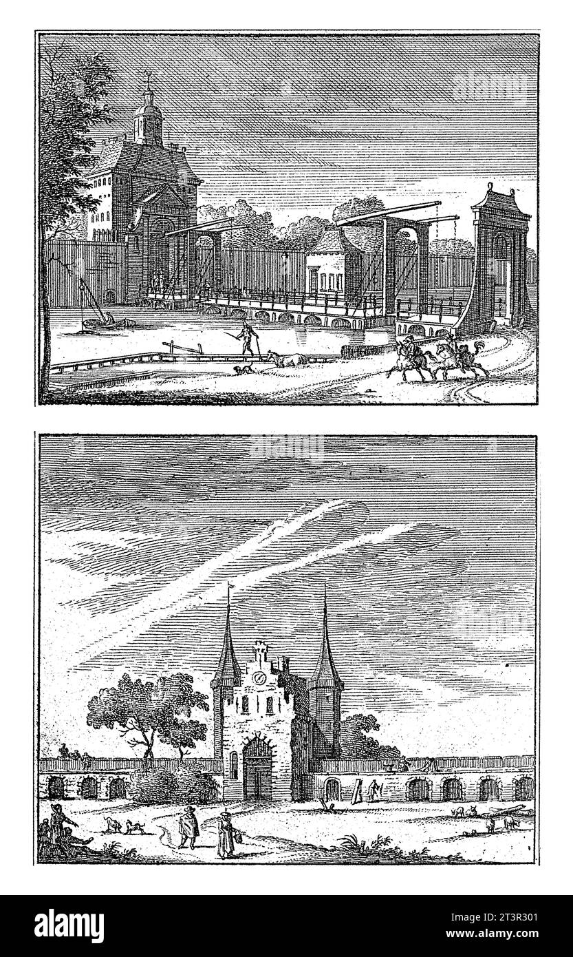 Veduta dell'Utrechtsepoort e del Regulierspoort, Jan Goeree, dopo Anonymous, 1723 due spettacoli. Sopra: L'Utrechtsepoort di Amsterdam. Foto Stock