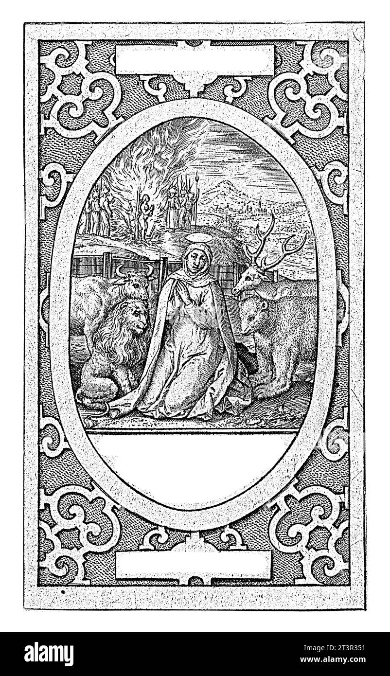 Santa Tecla di Iconio (Illaesa), Hieronymus Wierix, 1563 - prima del 1619 Santa Tecla di Iconio circondata da un leone, un orso, un toro e un cervo. Foto Stock