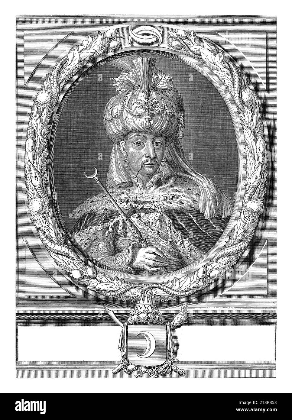 Ritratto di Mehmet IV, Sultano dell'Impero Ottomano, Jacob Gole, 1670 - 1724 Ritratto in cornice ovale ornamentale del Sultano Mehmet IV Metà lunghezza al Foto Stock