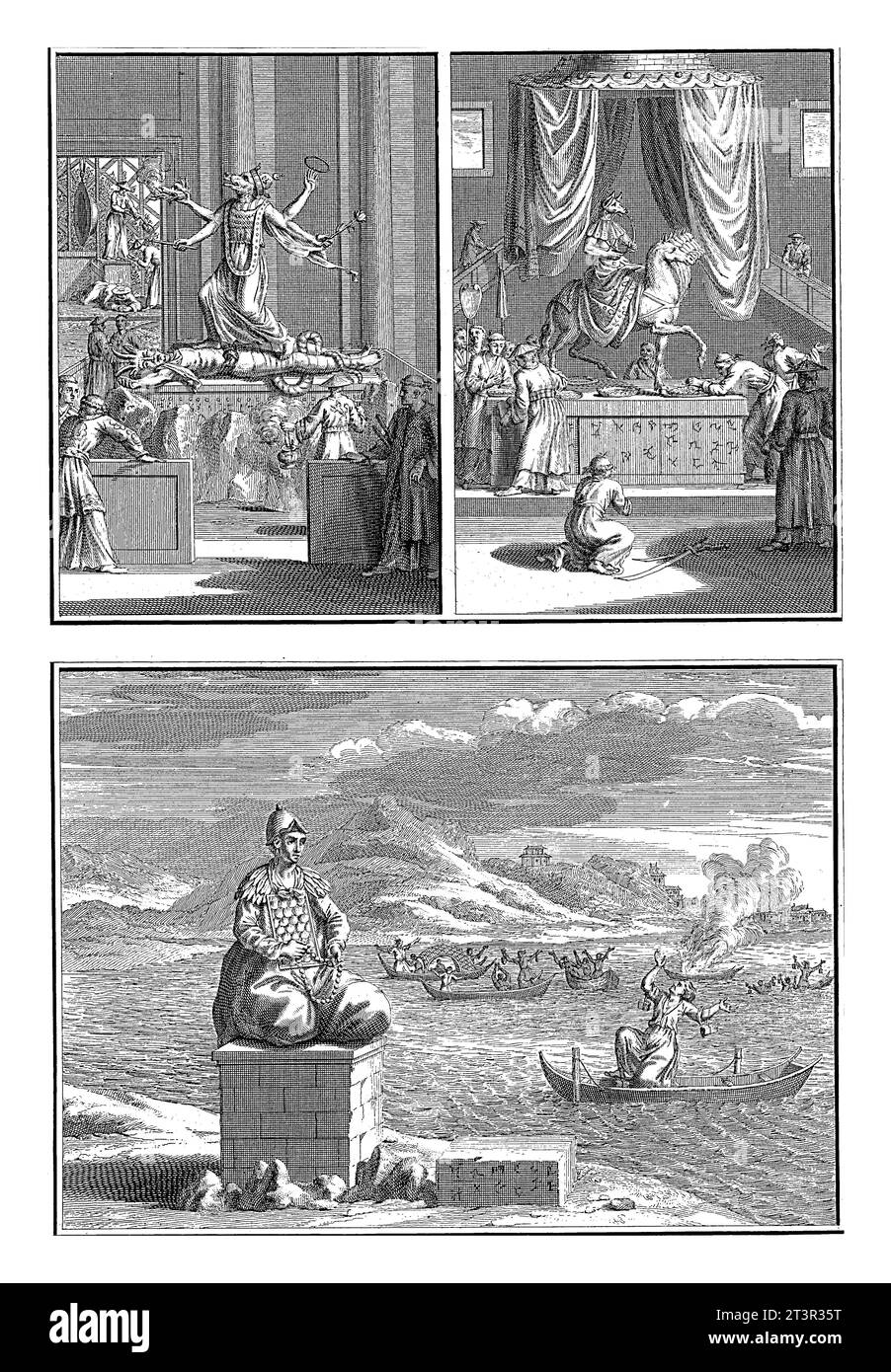 Gli dei giapponesi e il loro culto, Bernard Picart (laboratorio di), 1724 Foglio con tre rappresentazioni degli dei giapponesi. Foto Stock