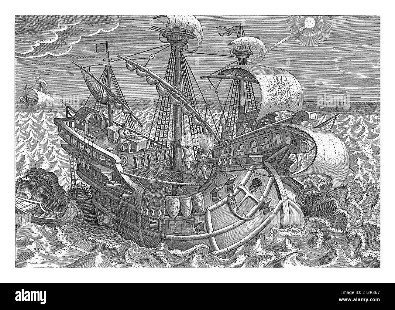 Determinazione della longitudine per mezzo di una bussola, Jan Collaert, dopo Jan van der Straet, c. 1593 - c. 1598 Una persona a bordo di una nave a vela prende un bearin Foto Stock