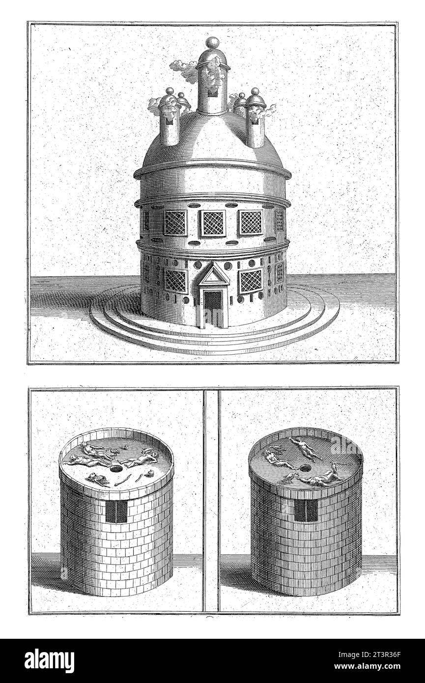 Tempio persiano e monumenti funerari, Bernard Picart (laboratorio di), 1728 fogli con rappresentazioni di un tempio persiano e due monumenti funerari. Foto Stock